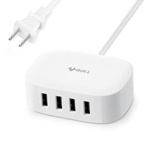BULL USB Charging Station, 4 Port USB Charging Hub with 6ft Extension Cord, UL Listed, USB Charger for iPhone, iPad, AirPods, Samsung Galaxy, Tablet, Apple Watch, Earphones, Fitbit, Kindle