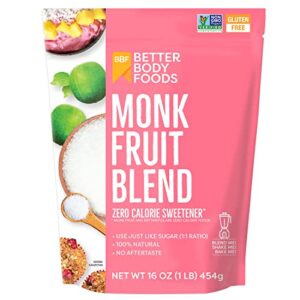 BetterBody Foods Monk Fruit Sweetener Blend, Raw Cane Sugar Substitute, Zero Calorie, Keto Diet Friendly, Zero Net Carbs, Zero Glycemic, Baking, Extract, Sugar Replacement, 1lb, 16 oz
