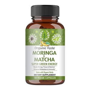 Organic Veda - Moringa & Matcha Green Tea Vitamins, Green Superfood for Energy Boost, Focus, Stamina, Metabolism, & Immune Support, Matcha & Moringa Capsules, 120 Veggie Capsules