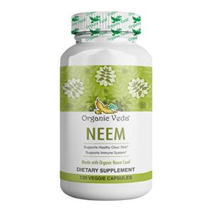 Organic Veda Neem Capsules – Non-GMO Herbal Supplement Made with Pure Organic Neem Leaf for Healthy Clear Skin and Immune System – 120 Veggie Capsules