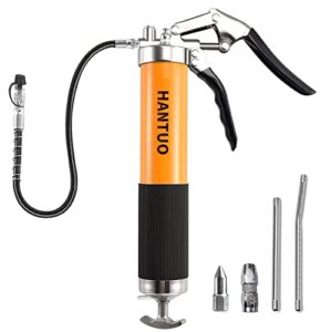 HANTUO Grease Gun, 8000 PSI Heavy Duty Pistol Grip Grease Gun Kit with 14 oz Load, 18 Inch Spring Flex Hose, 2 Grease Couplers, 2 Extension Rigid Pipes and 1 Sharp Type Nozzle, Suit for Zerk Fittings