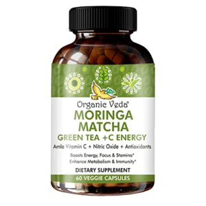 Organic Veda Moringa & Matcha Green Tea Extract Super Greens Vitamin C Antioxidant & Nitric Oxide Energy Capsules, Supports Immunity, Focus, Stamina & Metabolism, 60 Veggie Capsules