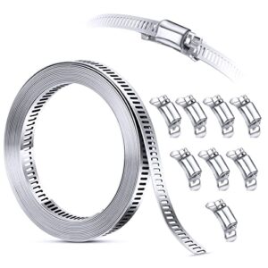 304 Stainless Steel Hose Clamp Assortment Kit DIY, Cut-To-Fit 12 FT Metal Strap + 8 Stronger Fasteners, Large Adjustable Worm Gear Band Hose Clamps Screw Clamps Duct Pipe Metal Clamp Strapping