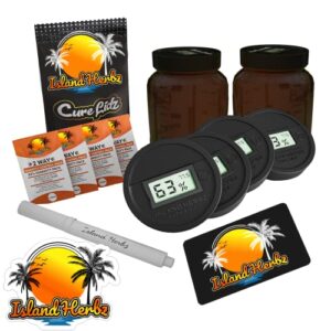 ISLAND HERBZ Digital Curing Kit - Fits All Wide Mouth Mason Jar Containers - Kit includes 4 Digital Hygrometer Lids with 4 Organic 2 Way Controllers 1 Scoop Card 1 White Marker and 1 Slap On