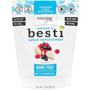 Wholesome Yum Besti 1:1 Natural Powdered Sugar Replacement - Keto Monk Fruit Sweetener With Allulose (16 oz / 1 lb) - Non GMO, Zero Carb, Zero Calorie Confectioner’s Sugar Substitute