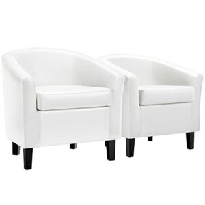 Yaheetech Accent Chair, Faux Leather Barrel Chairs Comfy Club Chairs Modern Accent Chair with Sturdy Wood Legs for Living Room/Bedroom/Reading/Room/Waiting Room, Set of 2, White