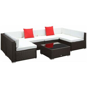 Outsunny 7-Piece Outdoor Wicker Patio Sofa Set, Modern Rattan Conversation Furniture Set with Cushions, Pillows and Tea Table, Cream White