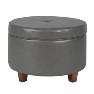 HomePop Round Leatherette Storage Ottoman with Lid, Charcoal Grey