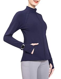 BALEAF Women's Fleece Running Track Jacket Full-Zip Water Resistant Pockets Yoga Cycling Workout Jackets Thumb Holes Navy XL