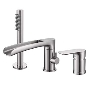 TapLong Waterfall Roman Tub Faucet with Hand Shower, Widespread Deck Mount Bathtub Faucet with Sprayer, Single-Handle 3-Holes Bathtub Shower Faucet Set in Brushed Nickel, 03119BN