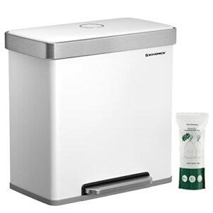 SONGMICS Kitchen Trash Can, 16 Gallon (2 x 8 Gallon) Dual Compartment Garbage Can, 60L Pedal Recycling Bin, Stay-Open Lid and Soft Closure, Stainless Steel, 15 Trash Bags Included, White ULTB202W01