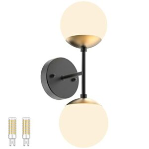 Tipace Black and Gold Wall Light,Mid Century Modern Globe Wall Sconce, Black Wall Sconce 2 Lights for Restaurant Living Room Bedside Stairs Bathroom Mirror(3000K G9 Bulbs Include)