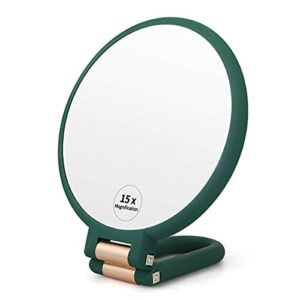 1X 15X Magnifying Hand Held Mirror,Double Side Folding Hand Mirror for Women with Adjustable Handle ,Travel Table Desk Shaving Bathroom (Army Green)