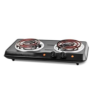 Ovente Electric Double Coil Burner 6 & 5.75 Inch Hot Plate Cooktop with Temperature Control and Easy to Clean Stainless Steel Base, 1700W Portable Countertop Stove for Home or Dorm, Black BGC102B