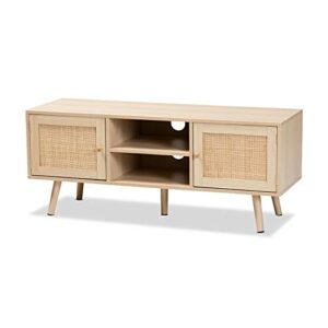 Baxton Studio Sebille Mid-Century Modern Light Brown Finished Wood 2-Door TV Stand with Natural Rattan