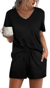 Pajama Set for Women 2 Piece Short Sleeve V Neck Pjs Lounge Sets Sleepwear Soft Black M