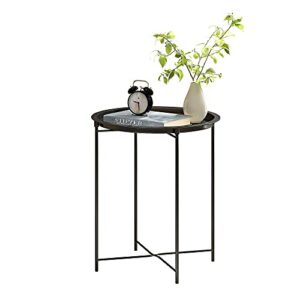 HOME BI Small Round End Table, Accent Side Table Nightstand with Removable Tray Top for Living Room Bedroom, Folding Mini Coffee Table, All Metal Frame, No Assembly Required, Black
