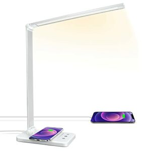 JOSTIC LED Desk Lamp with Wireless Charger, USB Charging Port, Desk Lighting with 10 Brightness, 5 Color Modes, Dimmable Eye Caring Reading Desk Lamps for Home Office, Touch Control, Auto Timer, White