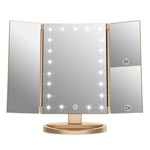 WEILY Makeup Mirror with 21 LED Lights,Two Power Supply, Touch Screen and 1x/2x/3x Magnification Tri-Fold Vanity Mirror , Gift for Women(Gold)