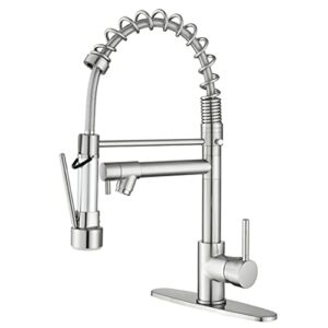 BASDEHEN Faucet Kitchen Sink with Sprayer Brushed Nickel Bifunctional Spring Commercial Kitchen Sink Faucets Solid Brass with 10 Inch Mounting Table 1 Hole Or 3 Hole Compatible