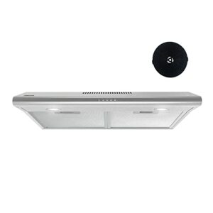 FIREGAS Under Cabinet Range Hood 30 inch with Ducted/Ductless Convertible, Slim Kitchen Over Stove Vent, LED Light, 3 Speed Exhaust Fan, Reusable Aluminum Filters, Push Button,with Charcoal Filter