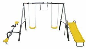XDP Recreation The Titan Outdoor Backyard Play Area Kids Toddler Swing Set, Slide, Seesaw, Trapeze, and 2 Swings, Yellow