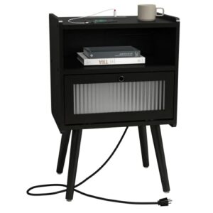 SOOWERY Mid Century Modern Nightstand with Charging Station, Bedside Tables with Glass Decorative Door, End Table Side Table with 2 Tiers Storage Space, for Bedroom, Living Room, Black