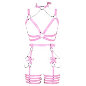 Womens Harness Leather Body Chain Bowknot Lingerie Garter Belts Set Hollow Out Christmas Dance Fashion Clothing (Pink)
