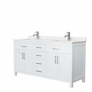 Beckett 66 Inch Double Bathroom Vanity in White, Carrara Cultured Marble Countertop, Undermount Square Sinks, No Mirror
