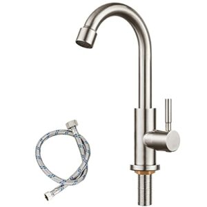 Cold Water Only Kitchen Faucet Brushed Nickel Single Handle 1 Hole 360 Degree Swivel Spout Deck Mount High Arc SUS304 Stainless Steel Sink Bar Tap Goose Neck with Hose(Drain Not Included)