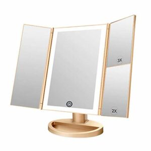 WEILY Lighted Vanity Makeup Mirror 1x/2x/3x Magnification Trifold with 36 LED Lights Touch Screen and USB Charging, 180 Degree Adjustable Stand for Countertop Cosmetic Makeup Mirror(Gold)