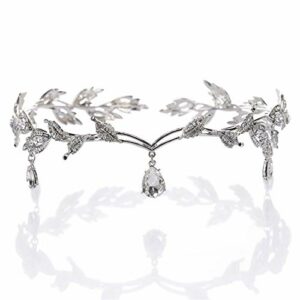 Remedios Rhinestone Leaf Wedding Crown Headband for Brides, Crystal Pendent Tiara Headband for Wedding Prom Birthday, Silver
