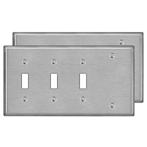 [2 Pack] BESTTEN 4-Gang Combo Metal Wall Plate with Ｗhite or Clear Plastic Film, 1-Blank/3-Toggle, Anti-Corrosion Stainless Steel Light Switch Cover, Standard Size, Brushed Finish, Silver
