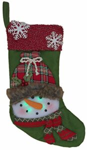 Gerson International Green Snowman Christmas Stocking with Flashing Red and Green LEDs