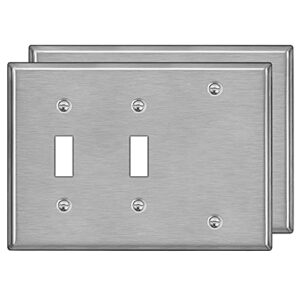 [2 Pack] BESTTEN 3-Gang Combo Metal Wall Plate with Ｗhite or Clear Plastic Film, 1-Blank/2-Toggle, Standard Size, Anti-Corrosion Stainless Steel Light Switch Cover, Brushed Finish, Silver