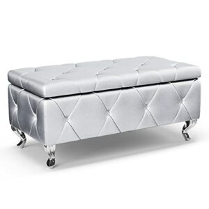 LUE BONA Storage Ottoman, 38'' Upholstered Silver Faux Leather Ottoman with Crystal Tufted Button, Flip Top Foot Rest Bench for Bedroom End of Bed, Living Room and Entryway
