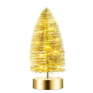 Varmax Prelit Christmas Tree Mini Glitter Tabletop Tree Bottle Brush Trees 9.4'', Gold