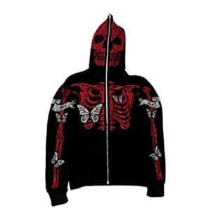 Halloween Zip Up Hoodie for Women Skeleton Hoodie Oversized Loose Fit Zipper Skull Hoodie Coat Y2K Jacket (Black red , Large )