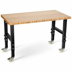 Goplus 48” Workbench with Casters, Mobile Adjustable Work Bench for Garage, 2200LBS Load Capacity Heavy Duty Bamboo Wood Top Work Table, Hardwood Workstation for Office, Workshop, Home