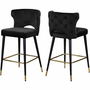 Meridian Furniture Kelly Collection Modern | Contemporary Velvet Upholstered Counter Height Stool with Gold Tipped, Black Metal Legs, Black, 22
