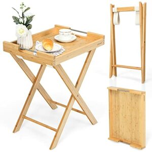 COSTWAY TV Tray Table, Multifunctional Folding Bamboo Side Table with Built-in Steel Handles, Portable Snack Table with Detachable Tray, Small Coffee Table, No Assembly Required, 18.5” x 15” x 23”