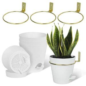 Bouqlife Wall Planters for Indoor Plants 3 Pack 6 Inch Flower Pot Holders Ring with Self Watering Pots Metal Wall Mounted Planters Hangers Gold-White