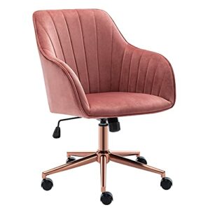 Duhome Home Office Chair Computer Desk Chair Armchair Task Chair Velvet Upholstered Chair Height Adjustable Comfortable Stool Swivel Rolling Chair with Rose Gold Metal Base for Office Study Pink