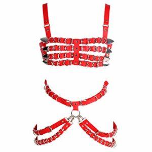 Women's full body harness bra Chest strap Leather Waist belt lingerie cage set Waist belt Punk gothic Dance Photography Rock (Red)