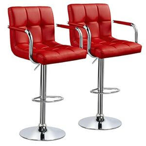Yaheetech Tall Bar Stools Set of 2 Modern Square PU Leather Adjustable BarStools Counter Height Stools with Arms and Back Bar Chairs 360 Swivel Stool, Red