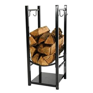 Sunnydaze Firewood Log Rack with Tool Holder Hooks - Durable Powder-Coated Steel Space-Saving Indoor or Outdoor Small Profile Wood Storage System - Black