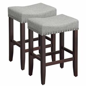 SONGMICS Set of 2 Bar Counter Stool, Well-Padded Dining Chair, Solid Wood Legs, Cotton-Linen Fabric, Seat Height 26.4 Inches, with Footrest, Light Gray