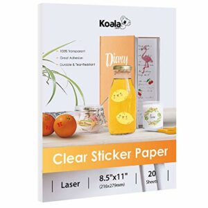 Koala Printable Clear Sticker Paper - ONLY for Laser Printer - 8.5x11 Inch 20 Sheets Full Sheet 100% Transparent Label Paper for DIY Personalized Decals, Labels