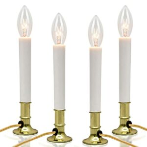 Electric Window Candle Lamp with Golden Plated Base, Set of 4 Plug in Electric Candle Lights Christmas Window Candles with 7 Watt C26 Clear Light Bulbs, Turn On/Off, Ivory Color Cord