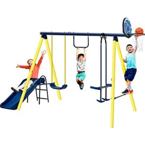 Merax Swing Set with Slide for Backyard, 600lb 5-in-1 Outdoor Metal Swing Playset with Basketball Hoop, Monkey Bar, Seesaw Swing for Kids 3-8 Playground Equipment with Anchors (Blue & Yellow)